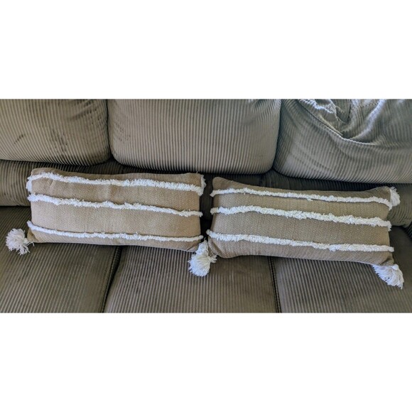 Magnolia Home Down Feather Throw Pillow Set Of 2 Boho Tan & White Tassel - Picture 1 of 8